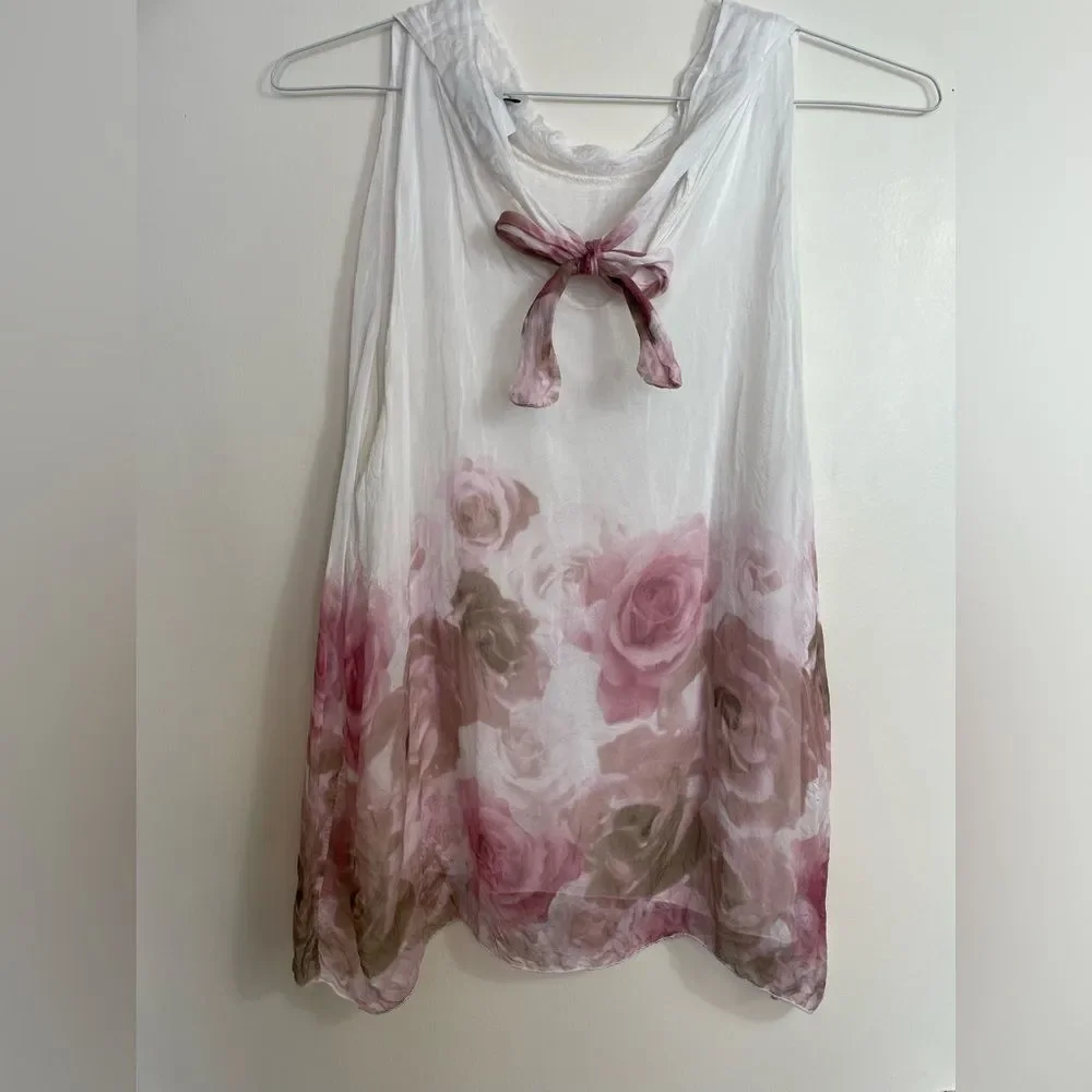 Belle France Silk Blend Rose pattern Coquette Girl Sleeveless Flowy Blouse